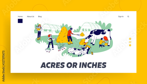 Farmers Working with Cattle Website Landing Page. Feeding Poultry, Domestic Animals, Milking Cow, Shearing Sheep, Prepare Hay for Livestock Web Page Banner. Cartoon Flat Vector Illustration, Line Art