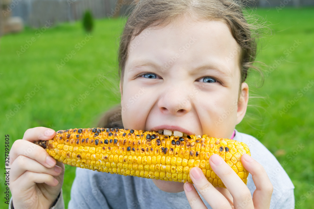 little girl outdoors sitting on the grass and biting grilled corncob little girl outdoors sitting on the grass and biting grilled corncob
