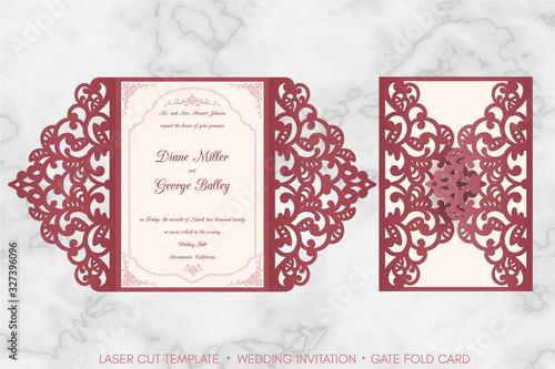 Laser cut gate fold wedding invitation card template vector with lace pattern on marble background.
