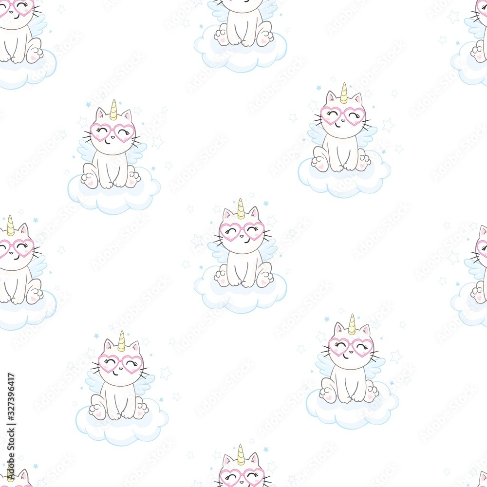 Cute seamless pattern with white cat in a unicorn costume with wings and rainbow horn. It can be used for packaging, wrapping paper, textile and etc. Cute seamless pattern with white cat in a unicorn costume with wings and rainbow horn. It can be used for packaging, wrapping paper, textile and etc.