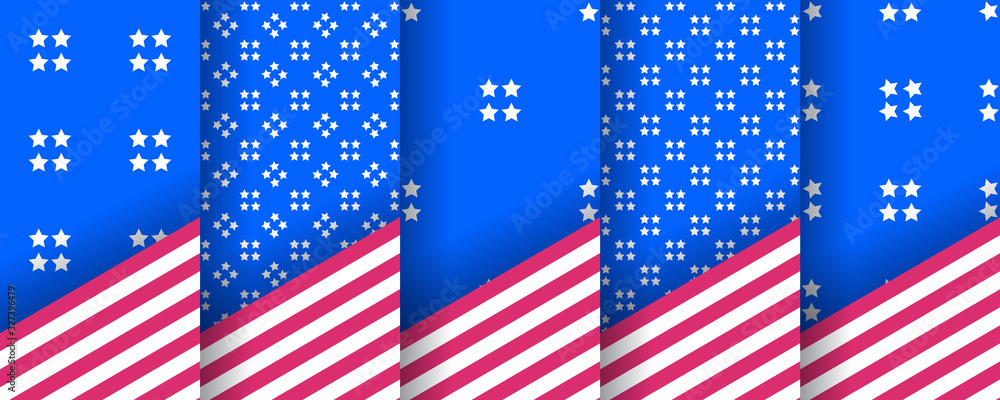 Set of seamless patterns with stars, in the colors of the american flag. Used as USA banners, invitations for design of Independence Day, BBQ parties, sports uniforms, packaging. Vector background. 