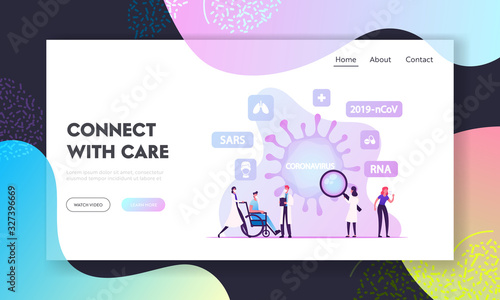 Rna Coronavirus Infection Website Landing Page. Diseased People Coughing, Doctor Pushing Wheel Chair with Sick Man in Mask. 2019 nCov Pandemic Medical Web Page Banner. Cartoon Flat Vector Illustration