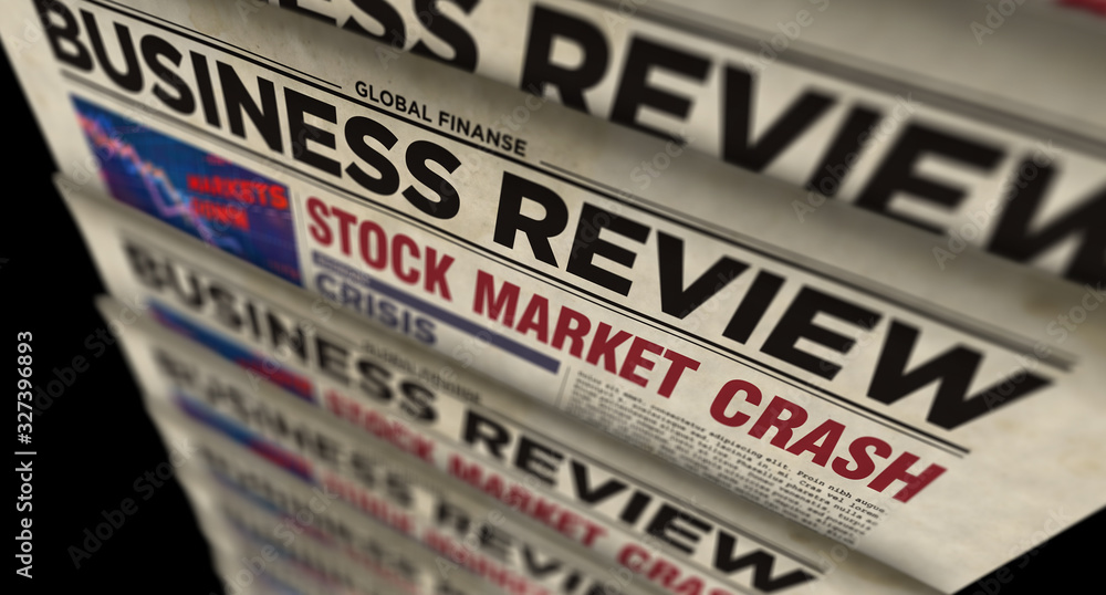 Business review newspapers with market crash printing