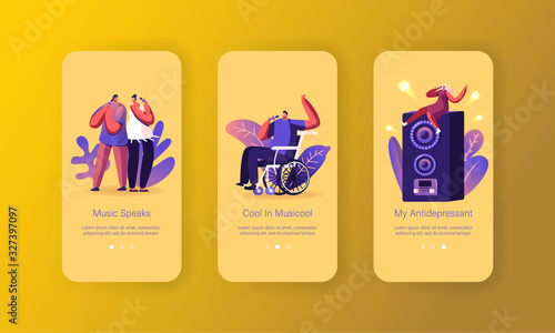 People Singing Mobile App Page Onboard Screen Set. Happy Friends Singing in Karaoke Club Having Active Weekend Sparetime, Sing Hobby Concept for Website or Web Page, Cartoon Flat Vector Illustration