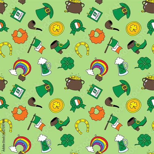 St. Patrick's Day background. Seamless doodle pattern of St. Patrick's Day symbols. Illustration in flat style. Vector 8 EPS.