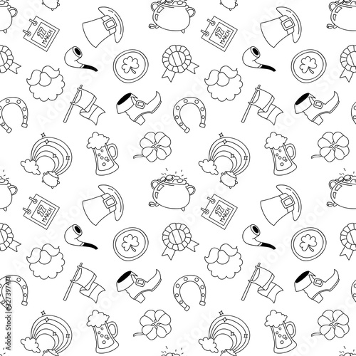  St. Patrick's Day background. Black-n-white seamless doodle pattern of St. Patrick's Day symbols. Illustration in flat style. Vector 8 EPS.