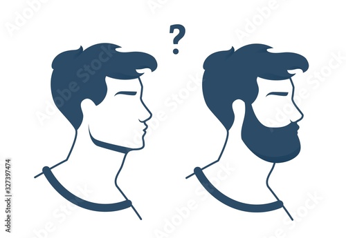 Advertising Flyer Choice Wearing Beard or not Flat. Young Man Weighs and Ponders in which Direction Change his Image, how Cut his Hair and what Result Will be. Faces Men in Profile Cartoon.