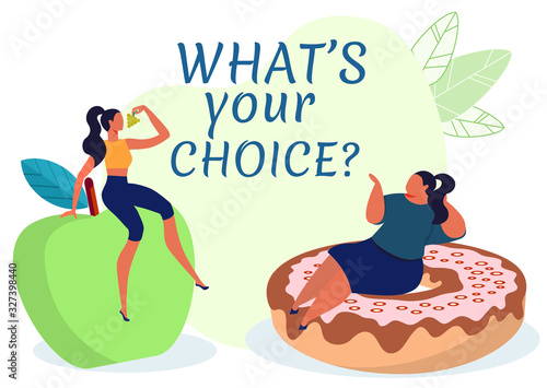 Healthy or Harmful Food Banner Vector Template. Women Sitting on Apple and Doughnut Cartoon Characters. Nutrition Choice Poster Concept. Fruits and Sweets Flat Illustration with Typography