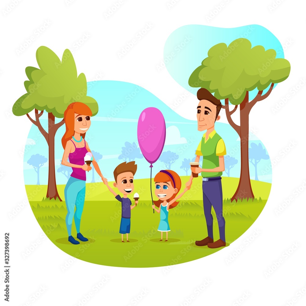 Happy Family Spare Time, Parents and Children Walking in City Park, Girl Holding Balloons, Boy Eating Ice Cream. Pastime on Summertime Vacation, Holidays, Weekend. Cartoon Flat Vector Illustration