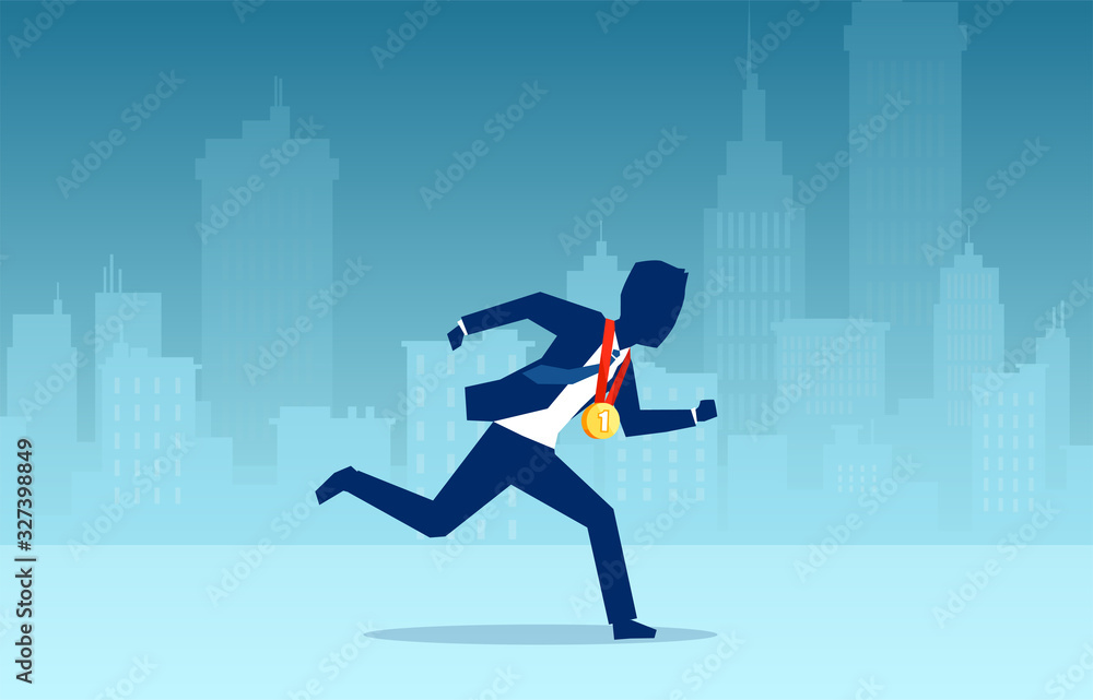 Vector of a running businessman with a first place gold medal reward