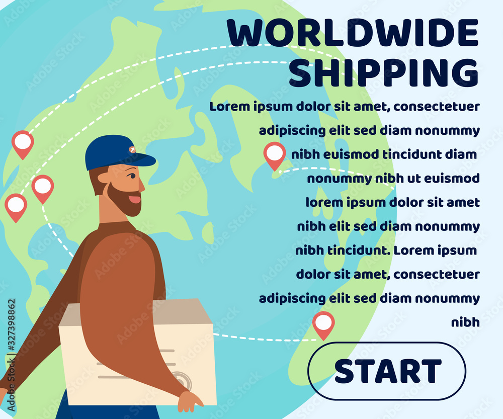 Worldwide Shipping Webpage with Promotion Text and Postman in Uniform Carrying Parcel. Huge Cartoon Planet Earth Destination Marks. Transpiration Logistic Delivery Map. Flat Vector Illustration
