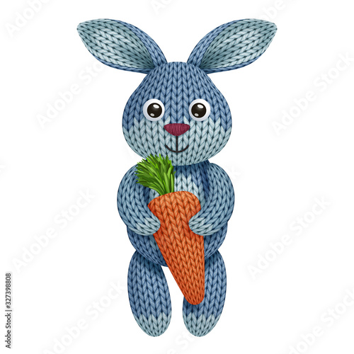 Illustration of a funny knitted rabbit toy with carrot. On white background