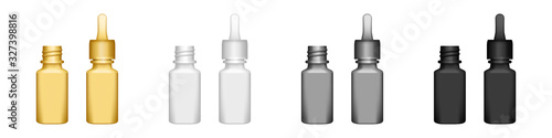 Set of realistic plastic bottles with dropper on white background