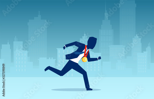 Vector of a running businessman with a first place gold medal reward