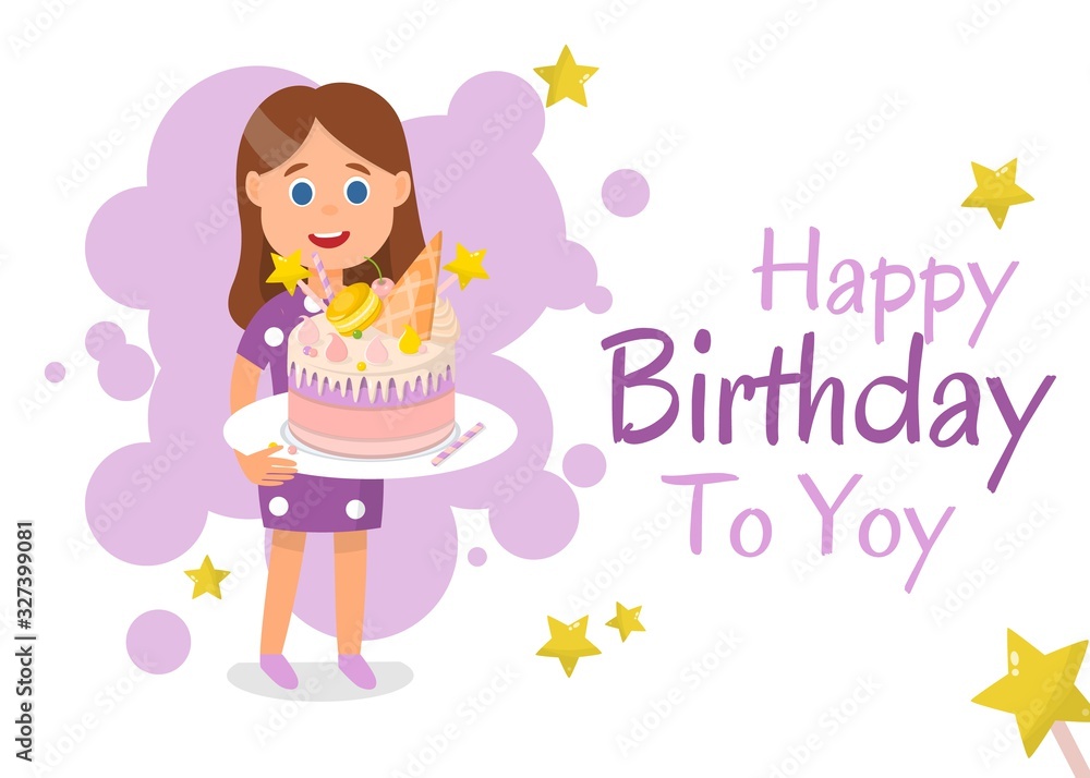 Greeting Banner. Happy Birthday to You. Cartoon Girl Character Holding Festive Cake Decorated Waffle Cone, Macaroon and Cream Topping. Stars and Sweet Pink Bubbles Design. Vector Flat Illustration Greeting Banner. Happy Birthday to You. Cartoon Girl Character Holding Festive Cake Decorated Waffle Cone, Macaroon and Cream Topping. Stars and Sweet Pink Bubbles Design. Vector Flat Illustration
