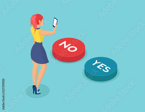 Vector of a woman with smartphone making an yes or no choice  in an online poll