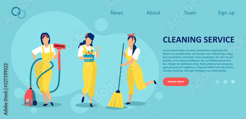 Vector of three women a housework staff team with equipment