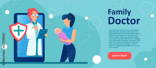 Vector of a mother with a newborn child being counseled by a doctor online