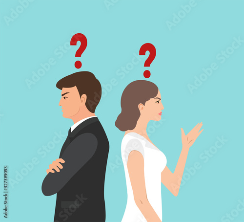 Vector of an angry couple standing back to back have many problems and questions