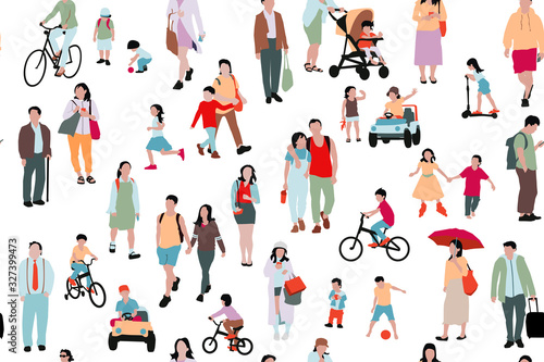 Crowd of people illustration, seamless pattern of kids, men and women