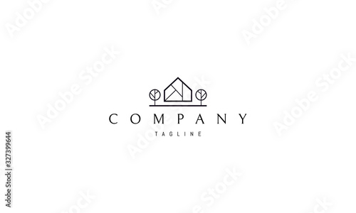Vector logo on which an abstract image of a house with trees on the sides.