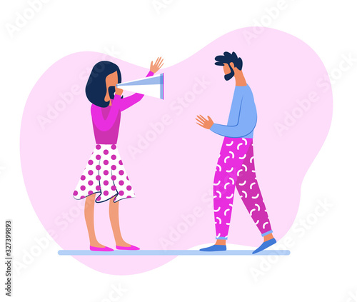 Scene Shoot in Entertainment Industry. Television Show Production. Woman Director or Producer Holding Megaphone Controlling Movie Making Process with Actor Play Role Cartoon Flat Vector Illustration