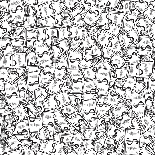 Money Vector Seamless pattern. Hand Drawn doodle Dollar Banknotes and Coins. Money Heap background. Black and white illustration