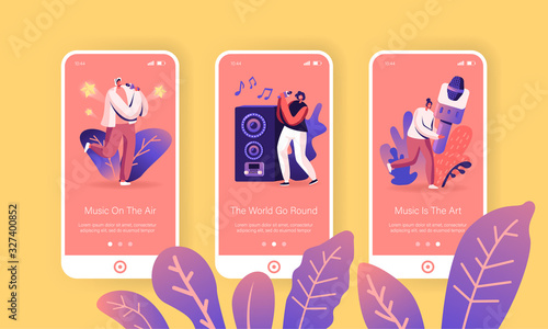 Happy Friends Singing at Karaoke Bar Mobile App Page Onboard Screen Set. Tiny People near Huge Dynamics and Microphone Having Party Concept for Website or Web Page, Cartoon Flat Vector Illustration