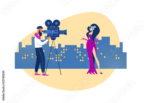 Movie Action and Film Production Backstage with Cameraman with Camcorder Shooting Elegant Actress Wearing Long Dress on Modern City View Background Movie Scene Shoot Cartoon Flat Vector Illustration