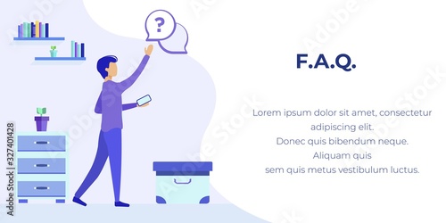 FAQ Service Advertising Text Banner. Mobile Frequently Asked Questions Support Application. Cartoon Man Holding Phone and Asking for Help Online. Flat Home Interior. Vector Metaphor Illustration