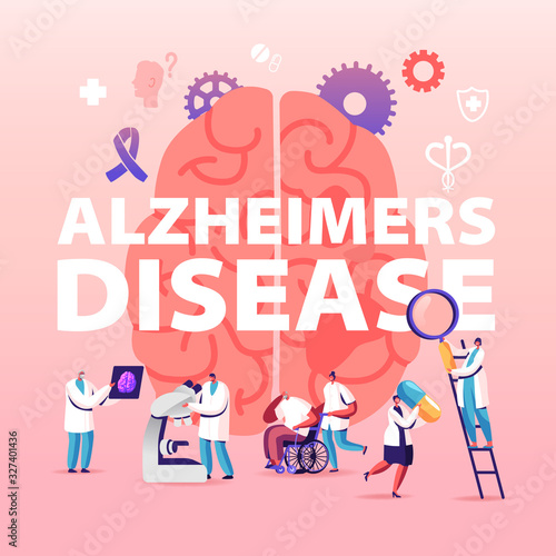 Alzheimer Disease Concept. Tiny Doctors Walking around of Huge Human Sick Brain, Purple Ribbon. Senior People Dementia and Memory Loss Poster Banner Flyer Brochure. Cartoon Flat Vector Illustration