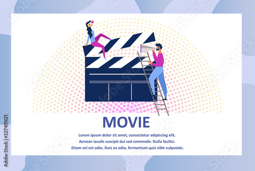 Woman Moviegoer Wearing 3d Glasses Sitting on Huge Clapperboard, Man Director Stand on Ladder with Loudspeaker. Movie Action and Film Production Cartoon Flat Vector Illustration, Horizontal Banner