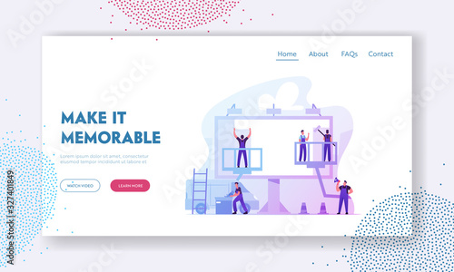 Workers Prepare Billboard to Installing New Advertisement Website Landing Page. Industrial Climbers Working on Lifting Platform Painting Signboard Web Page Banner. Cartoon Flat Vector Illustration