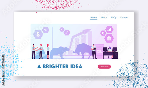 People Trading at Stock Market Website Landing Page. Businesspeople Analyse Global Economics for Buying or Selling Bonds and Currency. Bears and Bulls Web Page Banner. Cartoon Flat Vector Illustration