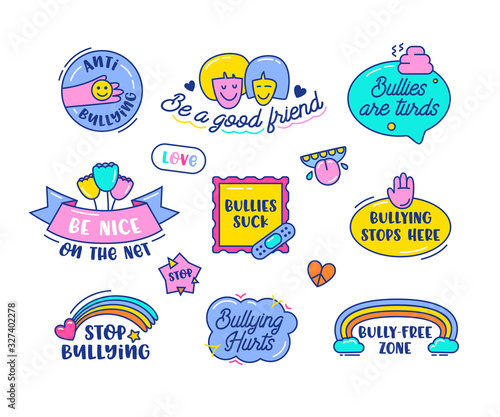 Anti Bullying Icons Set Isolated on White Background. Colorful Banners and Badges with Doodle Elements, Hand Written Typography. Rainbow Stickers. Friendship in Internet Cartoon Vector Illustration
