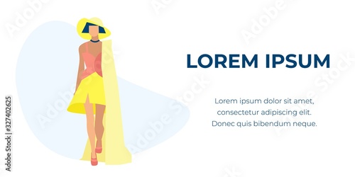 Fashion Show with Top Model on Catwalk. Character Wearing Trendy Haute Couture Clothing Demonstrating Collection on Runway. Girl in Trendy Clothing Cartoon Flat Vector Illustration, Horizontal Banner