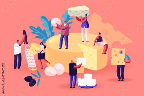 People Enjoying Eating Cheese Concept. Tiny Male and Female Characters Cooking and Eating Cheese of Various Types. Dairy Farm Production, Degustation Process, Market Cartoon Flat Vector Illustration