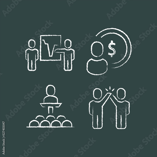 set person with dollar protruding on the podium in front of the crowd chalk