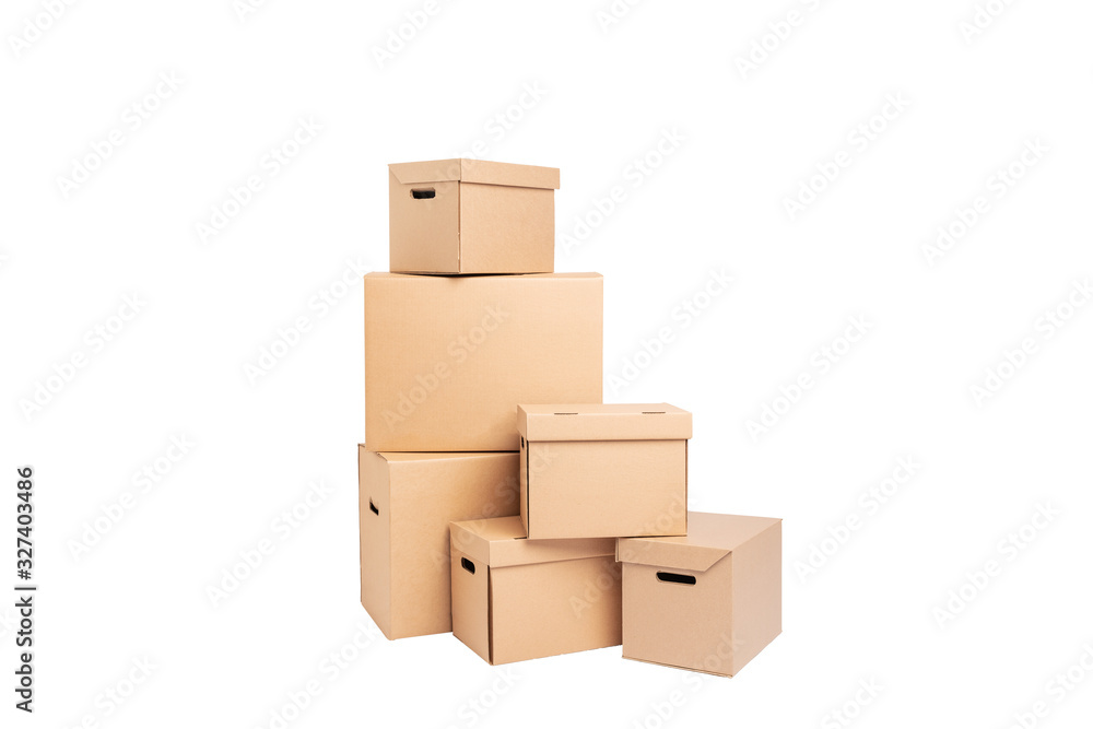 Stack of six cardboard boxes isolated on white background. High resolution and quality picture.