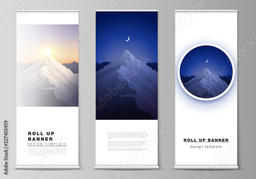 The vector illustration layout of roll up banner stands, vertical flyers, flags design business templates. Mountain illustration, outdoor adventure. Travel concept background. Flat design vector.