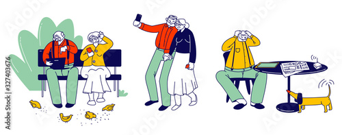 Set of Senior People Using Smart Devices. Aged Male and Female Characters Learn How to Use Gadgets, Making Selfie on Smartphone, Chatting on Laptop Outdoor. Cartoon Flat Vector Illustration, Line Art