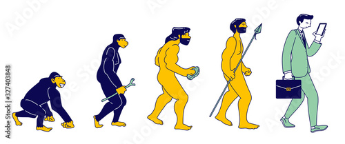 Human Evolution of Monkey to Modern Business Man with Smartphone Isolated. Male Character Evolve Steps From Ape to Upright Homo Sapiens, Darwin Theory. Cartoon Flat Vector Illustration, Line Art