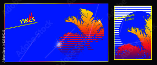 Tropical palm and vintage sun graphic with light glow luminescent bar effects, retro 80s beach background, fun and cool techno summer vibe background. - Thai texts is the pronunciation of 'summer'