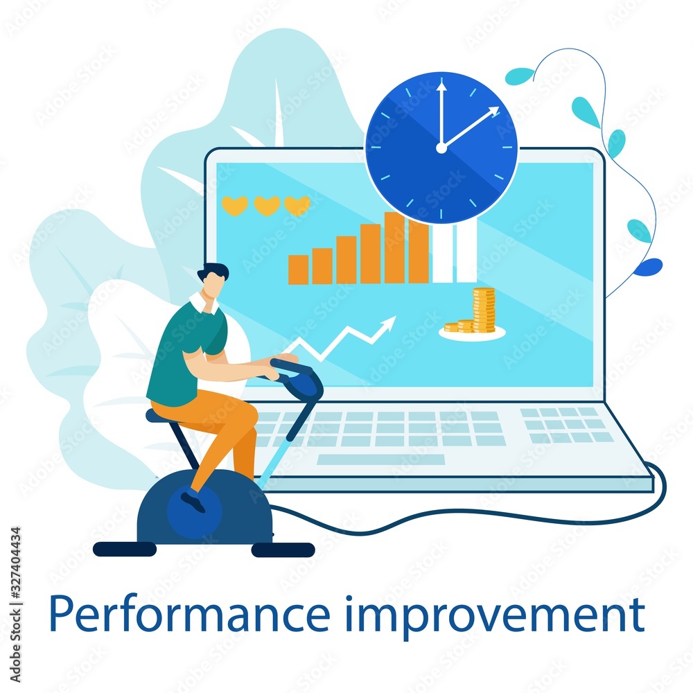 Flat Flyer Performance Improvement Lettering. Banner Standard Strategy for Improving Company Performance. Man Trains on Stationary Bike Next to Large Laptop Cartoon. Vector Illustration.