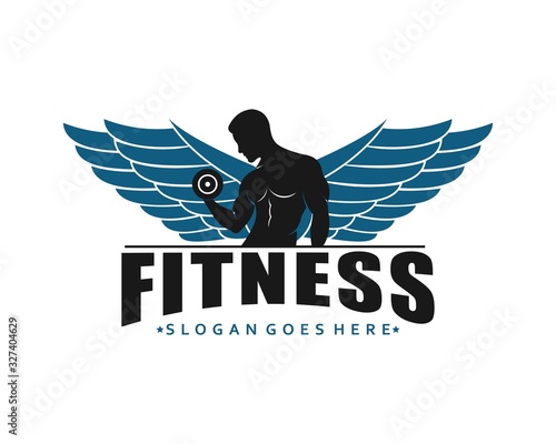 Fitness Gym logo design template weightlifting , vintage style vector emblem with wings. vector illustration