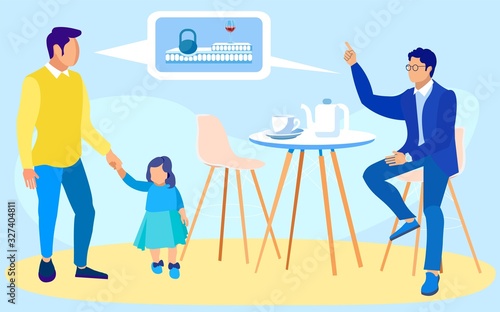 Young Father, Holding Hands with His Daughter, Toddler Girl, and Mattress Shop Assistant, Discussing Properties Item, Customer Has Chosen to Buy. Memory Foam and Water Repellent Cover.