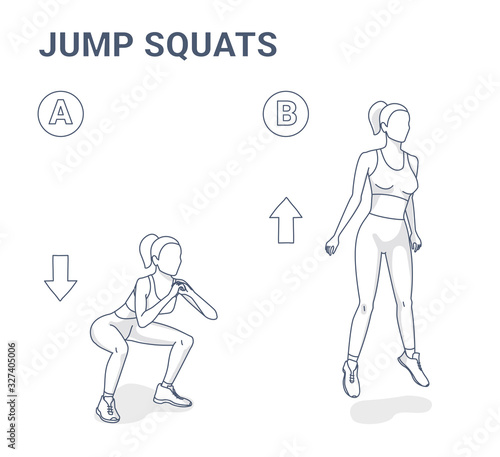 Jump Squats workout illustration. Outline Concept of girl Squatting jumps.