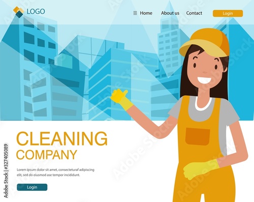 Cleaning Company Landing Page Flat Cartoon Vector Illustration. Woman Cleaner in Uniform and Gloves on Building Background Website Design. Doing Household Chores at House, Office. Smiling Character.