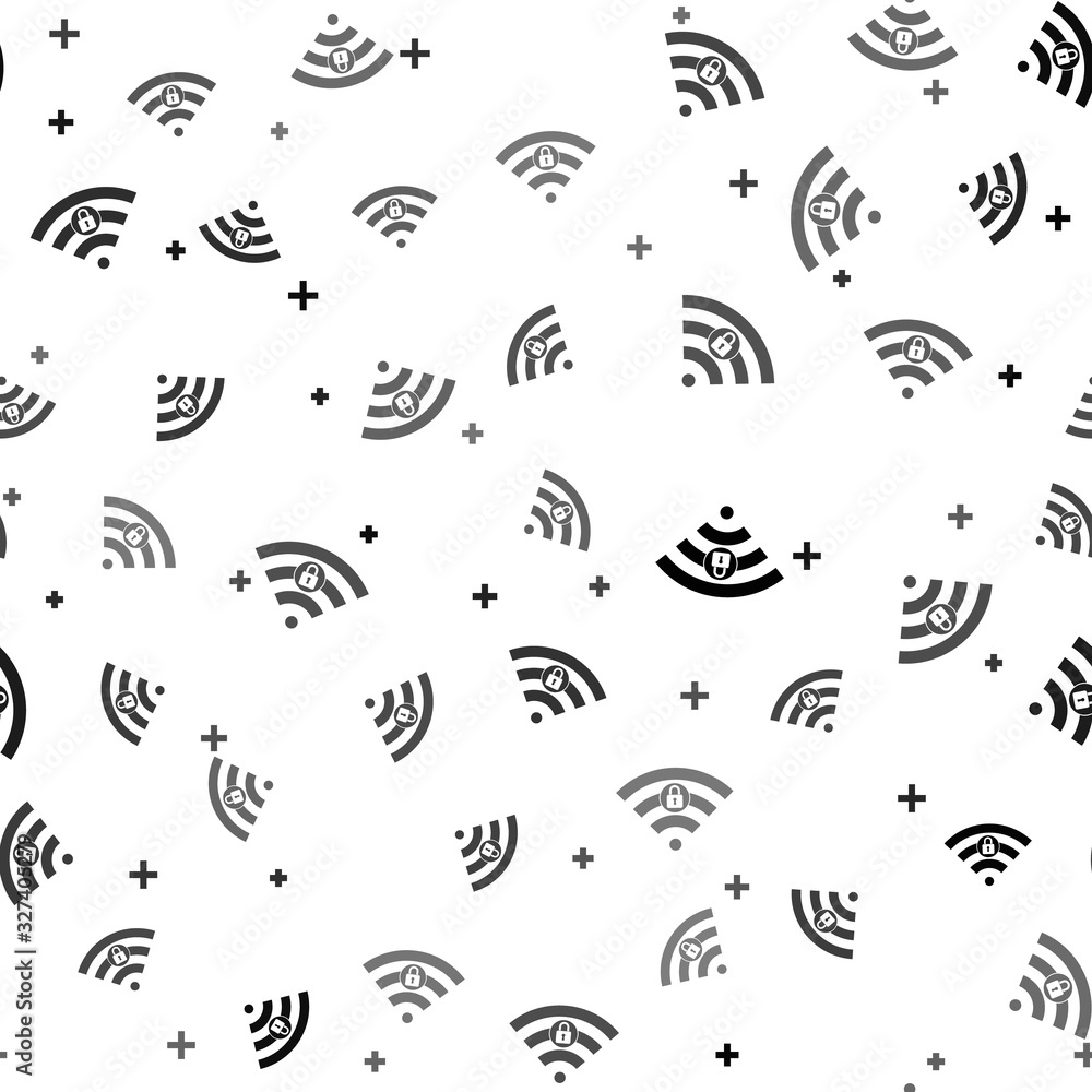 Black Wifi locked sign icon isolated seamless pattern on white background. Password Wi-fi symbol. Wireless Network icon. Wifi zone. Vector Illustration Black Wifi locked sign icon isolated seamless pattern on white background. Password Wi-fi symbol. Wireless Network icon. Wifi zone. Vector Illustration