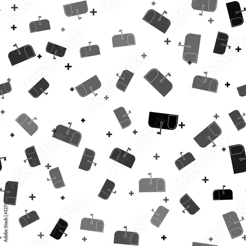 Black Mail box icon isolated seamless pattern on white background. Mailbox icon. Mail postbox on pole with flag. Vector Illustration